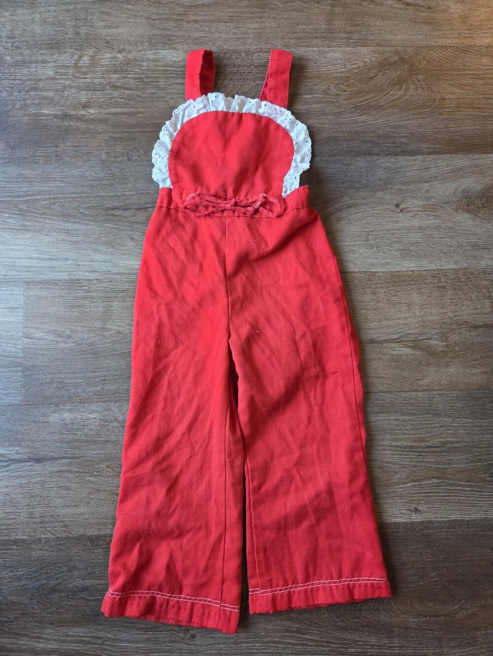 Vintage Little Girls Bright Red Romper Overall Jumpsuit, White Ruffle Trim sz 4